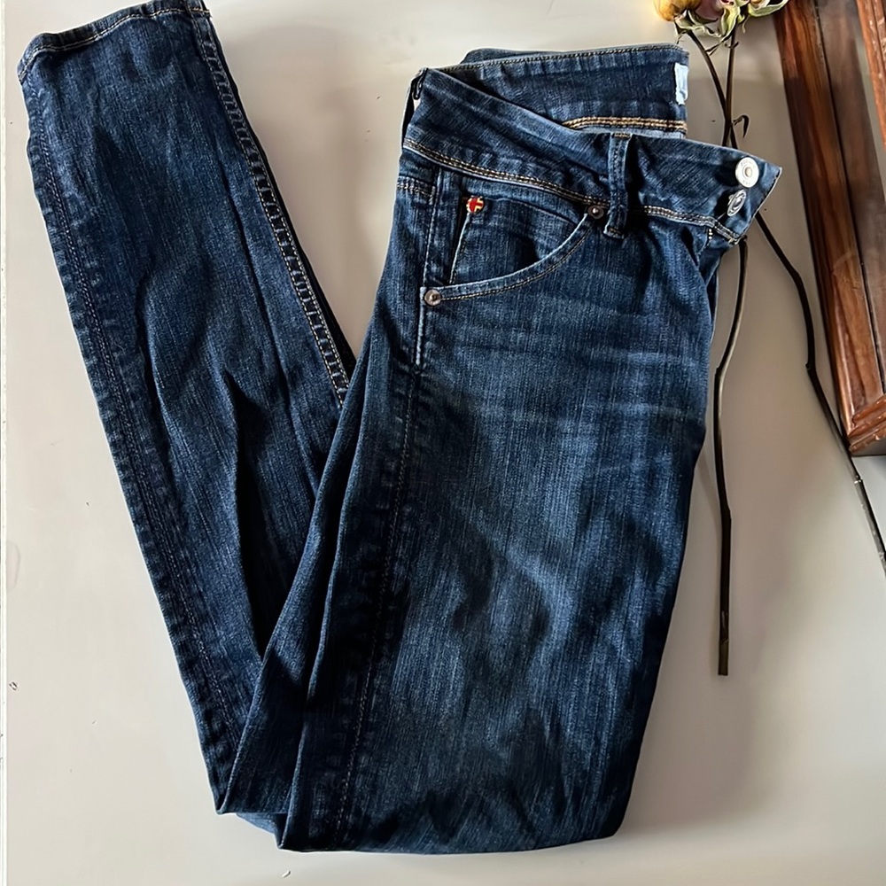 Hudson skinny jeans. They sit low wasted, and have a little bit of wear.